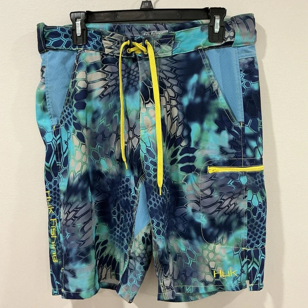 Huk Kryptek Raid Camo Fishing Board Shorts Mens M Quick Dry‎ Swim Trunks Blue